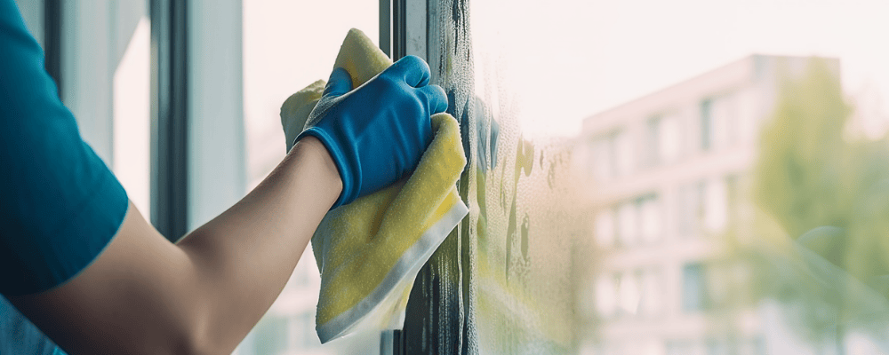 オフィス清掃の作業イメージ(窓ガラスを清掃している様子)